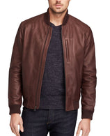 Men Bomber Leather Jackets: Dark Brown