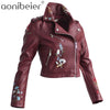 Aonibeier Embroidery Faux Leather Coat